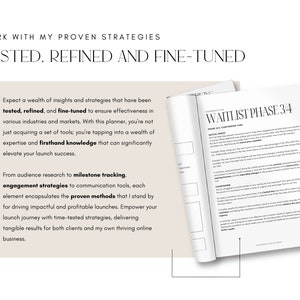 May include: A close-up of a page from a planner with the text "WAITLIST PHASE 3/4" and a section titled "Social Proof: Communication and How to Help Engage Your Audience". The page is open to reveal a section with the heading "Social Proof: Communication and How to Help Engage Your Audience".