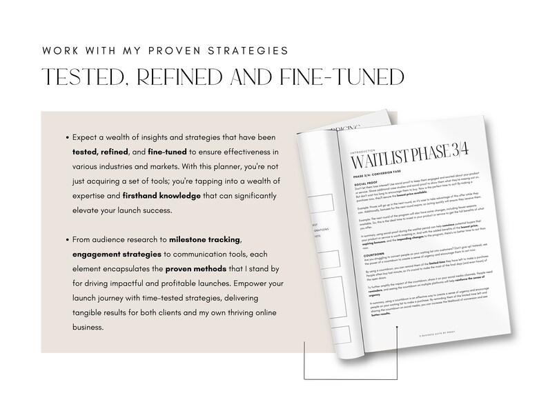 May include: A close-up of a page from a planner with the text "WAITLIST PHASE 3/4" and a section titled "Social Proof: Communication and How to Help Engage Your Audience". The page is open to reveal a section with the heading "Social Proof: Communication and How to Help Engage Your Audience".
