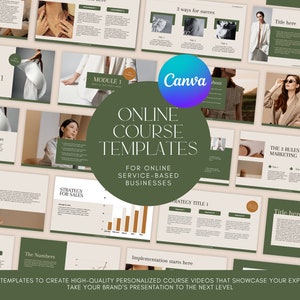 May include: A set of online course templates for service-based businesses. The templates feature a green and beige color scheme with images of women and text that says "Online Course Templates" and "For Online Service-Based Businesses".