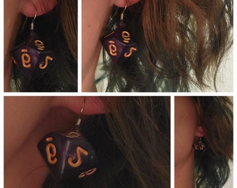 Magical Swirl: Glimmering Purple & Golden Polyhedral Gaming Dice Earrings - Single or Double Digit Variation
