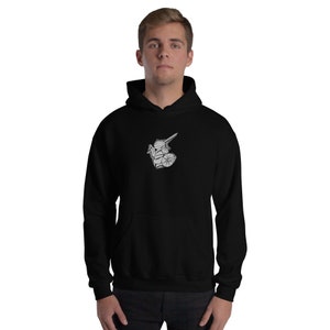 May include: Black hoodie featuring a white illustration of a knight's helmet and sword on the chest. The sweatshirt has a front pocket and a drawstring hood. The design is a detailed illustration.