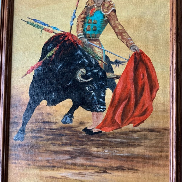 Peinture à l'huile matador. Olé de Lucie Romanycie. Authentique. 20 pouces de haut, 10 pouces de large. Signé. Huile sur toile. Suspension murale. art espagnol/mexicain vintage.