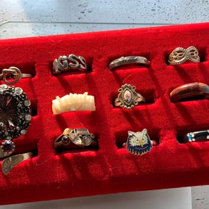Könnte beinhalten: Eine rote Samtbox mit 11 Ringen, darunter ein Ring mit dem Wort "Kiss" darauf, ein Ring mit einer kleinen Eule, ein Ring mit einem Blumendesign und ein Ring mit einem großen Stein.