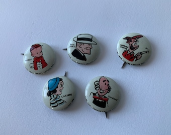 1940’s Pep pins! Kellogg’s cereal promo pins. Choice. Comic strip. 1945 copyright Famous Artists Syndicate. Vintage cereal prizes. Pin backs