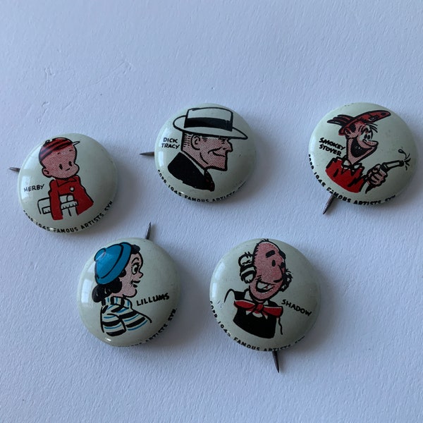 1940’s Pep pins! Kellogg’s cereal promo pins. Choice. Comic strip. 1945 copyright Famous Artists Syndicate. Vintage cereal prizes. Pin backs