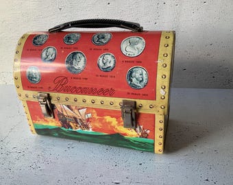 1957 Buccaneer Lunch Kit With Thermos Holder. Vintage Tin Litho