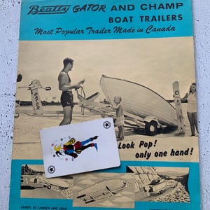 Brochure Beatty-boottrailer. 1963. Vintage watersporten. Accessoires voor waterscooters skiën. Gator- en champ-modellen. Aanhanger met kiephendel
