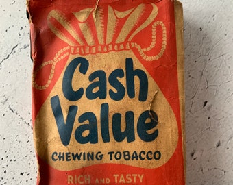 Cash Value Chew Pouch. Empty. Antique Chewing Tobacco. Series 119 Duty Tag.  Date 1926 or 1928. Tobacciana. Smoke Shop. Collectible Tobacco