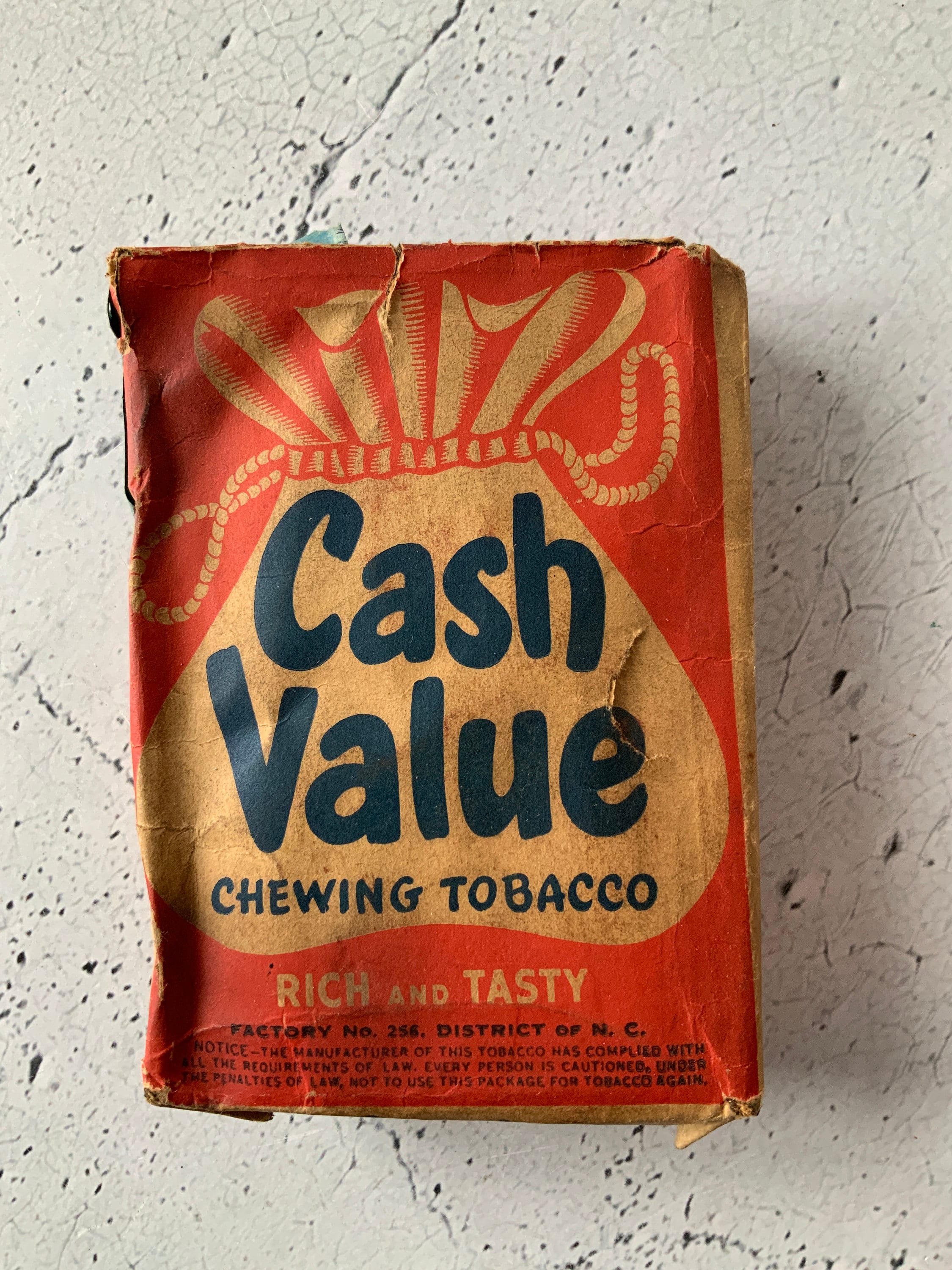 Cash Value Chew Pouch. Empty. Antique Chewing Tobacco. Series 119 Duty Tag.  Date 1926 or 1928. Tobacciana. Smoke Shop. Collectible Tobacco