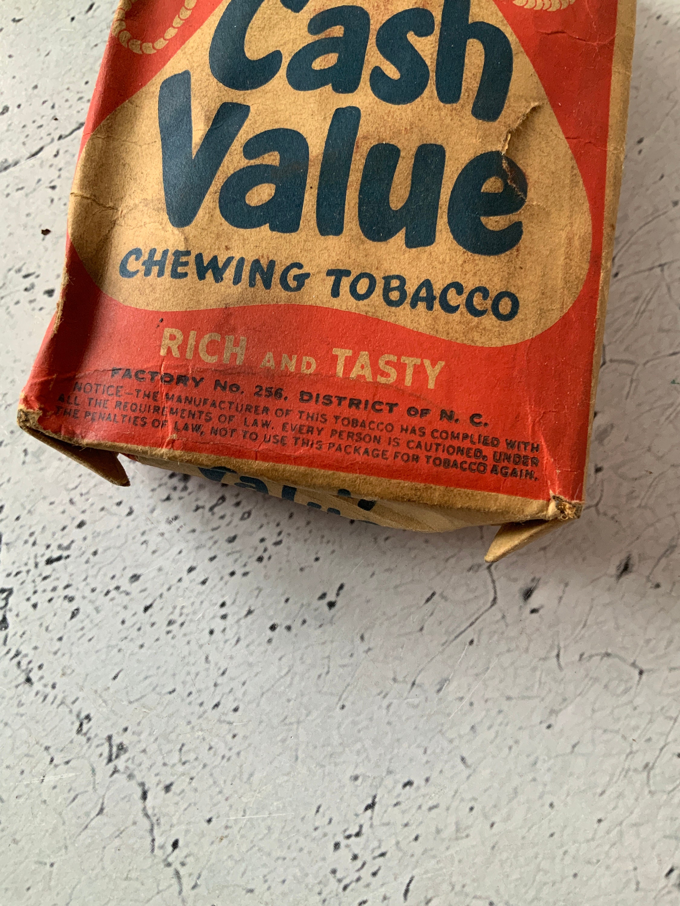 Cash Value Chew Pouch. Empty. Antique Chewing Tobacco. Series 119 Duty Tag.  Date 1926 or 1928. Tobacciana. Smoke Shop. Collectible Tobacco