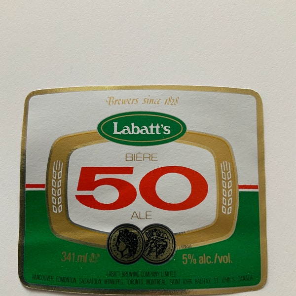 Labatt’s 50 Ale bottle label. Unused. Beer label. Canadian beer. Unglued. Vintage brewing collectible. Breweriana. Rare. Barware.