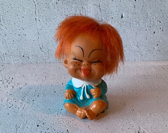Korea Funny Face Doll. Vintage Rubber doll. Squishy-faced expression. Rubber toys. Figurines. Interesting characters. Just over 3 1/2” tall.