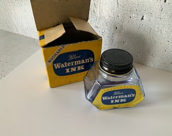 Vintage Waterman’s Blue ink. Angular bottle design. Original packaging. Still in box. Calligraphy supplies.