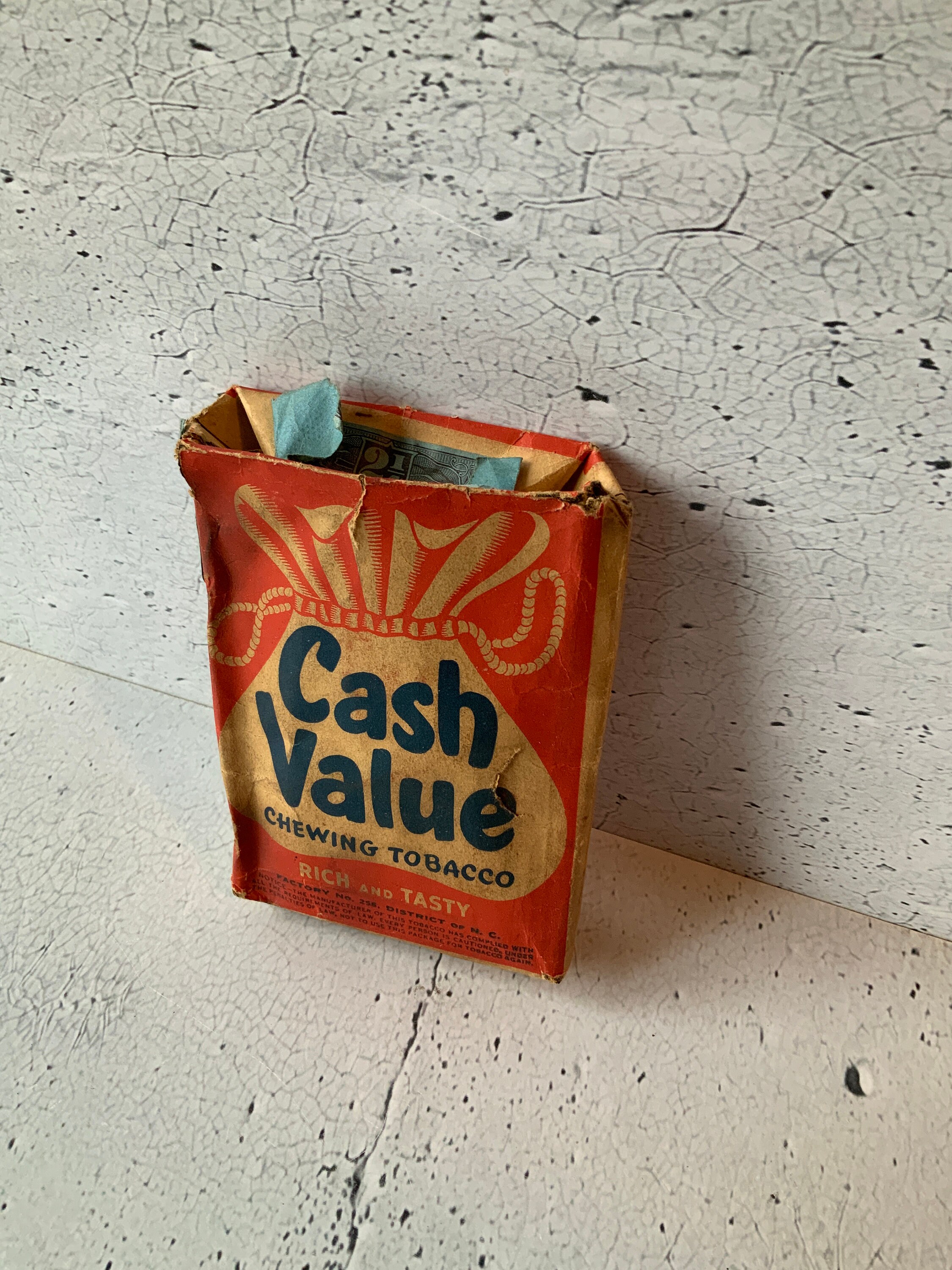 Cash Value Chew Pouch. Empty. Antique Chewing Tobacco. Series 119 Duty Tag.  Date 1926 or 1928. Tobacciana. Smoke Shop. Collectible Tobacco
