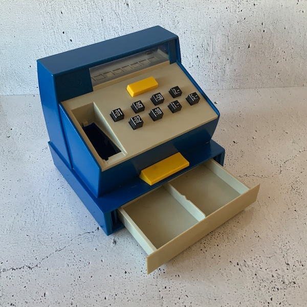 geobra toy Cash Register. Made in Germany. Vintage 1970’s (1960’s?) Blue and yellow. Working keys. Change/money drawer. Learning toy. Games.