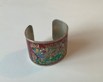 Rare Fernandez Signed Mayan God Motif Enamel Bracelet Collectible
