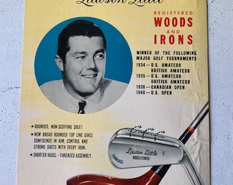 Anuncio de golf de los años 40. Exhibición en tienda. Maderas y hierros Wright & Ditson. Lawson Little. Golfista profesional de los años 30. Abierto de EE. UU./Canadá. Registrado. Golf clásico.