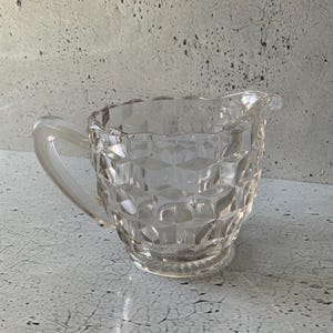 1930’s Jeanette Creamer. Classic glass server. Geometric pattern. Q-bert glass. Vintage kitchenwares. Elegant tea coffee service. Scalloped
