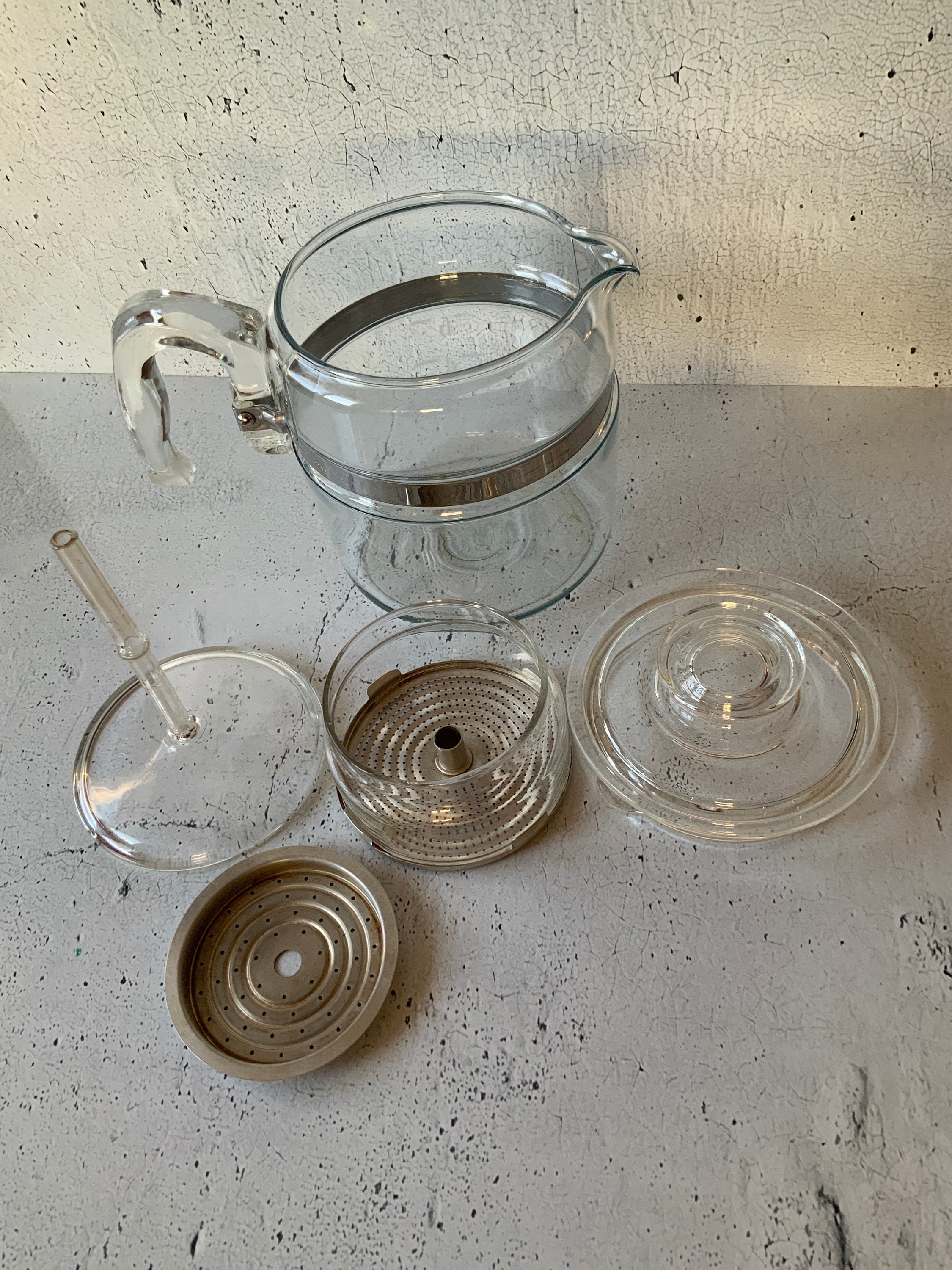 Vintage PYREX Clear Glass Flameware Glass Percolator Coffee Pot Stainless &  Glass 1930-1950 6-cup With Coffee Ground Strainer MCM 