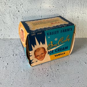 Bing Crosby Ice Cream. 1950’s. One pint. Valley Farms vanilla. Paraffined carton. Vintage food crate. Ephemera. Movie star merchandise.