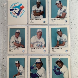 Tarjetas de béisbol Bubble Yum de los Blue Jays. 1986-87. Casi nuevas. 36 coleccionables deportivos. Mulliniks Moseby Cerutti. Sin dobleces en las esquinas. Excelente centrado.