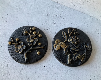 Miller Studio 1973 Chalkware. Signed. Beautiful Black and Gold Floral plaques. In excellent condition. Wall hanging decor. Vintage sculpted