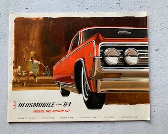 Oldsmobile for ‘64 brochure. Starfire. Jetstar 1. Super 88. Jetstar 88. Dynamic. Ninety-eight. 1964 Oldsmobile. 394 V8. Rocket engine.