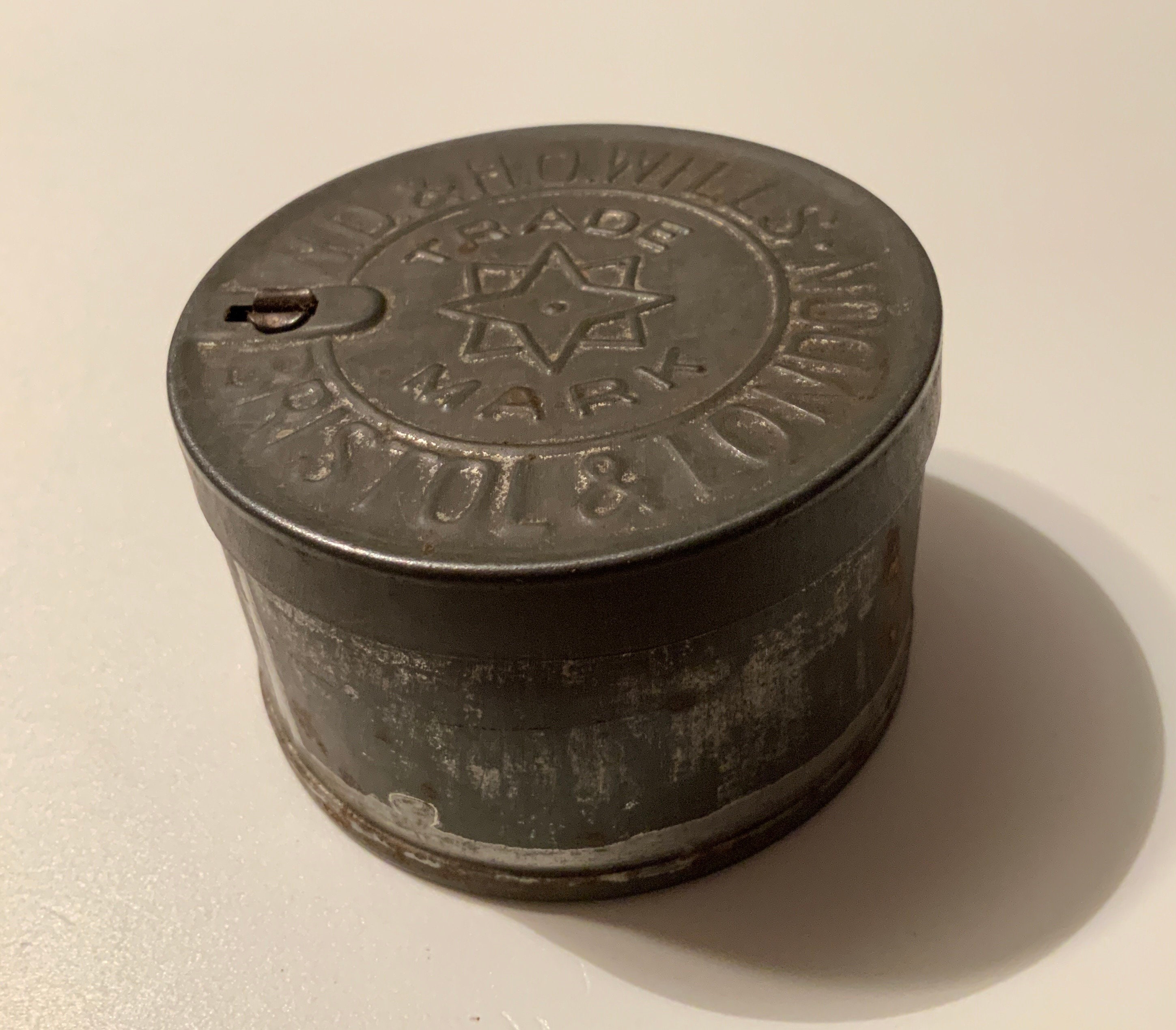 wd & ho wills tobacco tins Antique W.D. & H.O. Wills Tin. Bristol and London. Williamson's Worcester  Patent. Soldered Seams. Patented Vent Slide in Lid. 1878-1918