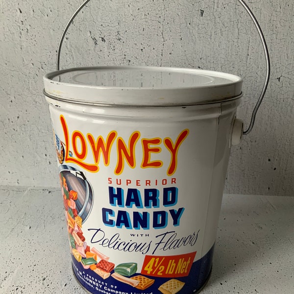Lowney Candy pail. 4 1/2 lbs. net. Superior Hard Candy. Vintage chocolates and candies tin. Bi-lingual tin. Sherbrooke, Quebec. Rare version