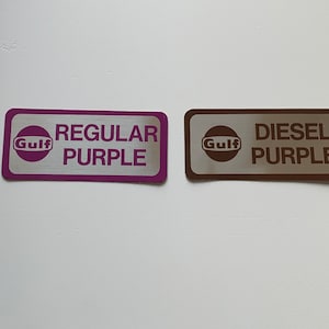 Gulf Purple Fuel Stickers! 1970’s. Regular/Diesel Purple. Vintage collectible gas and oil. Tax free farm fuel dyed purple. Petroliana.