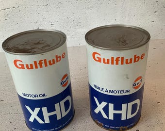 Gulflube Full oil tin. Pick one. Gulf XHD.  Vintage collectible oil and gas tins. Petroliana. Service station. Rare oil tins. Gift for him.