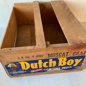 DutchBoy Muscat Grape crate. Vintage wooden fruit crate. Paper label. Litho. Wooden slat divided crate. 36 lbs net weight. California.