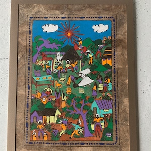 Amate Bark painting. Community scene. Mexico art. Beautiful. 12x16 inches. Folk art. Tree bark painting. Hecho en Mexico. Matted.