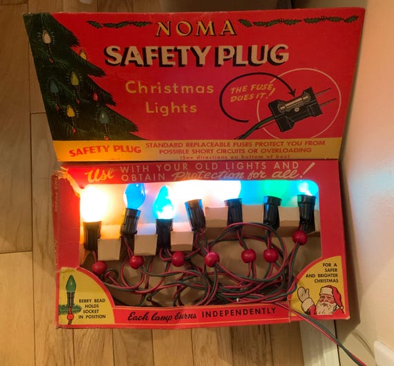 christmas lights plug into cigarette lighter Noma Xmas Lights! Safety Plug. in Original Box. Vintage Seasonal Lighting.  String of Holiday Lights. Fused. 7 Light Set. 10ft Cord. 4 Colors