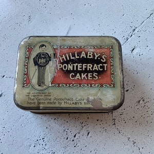 Antique Tin. Hillaby’s Pontefract Liquorice Cakes tin. Made in England. Licorice candy. Vintage food tin. Candy tin. Canister. Trinket box.