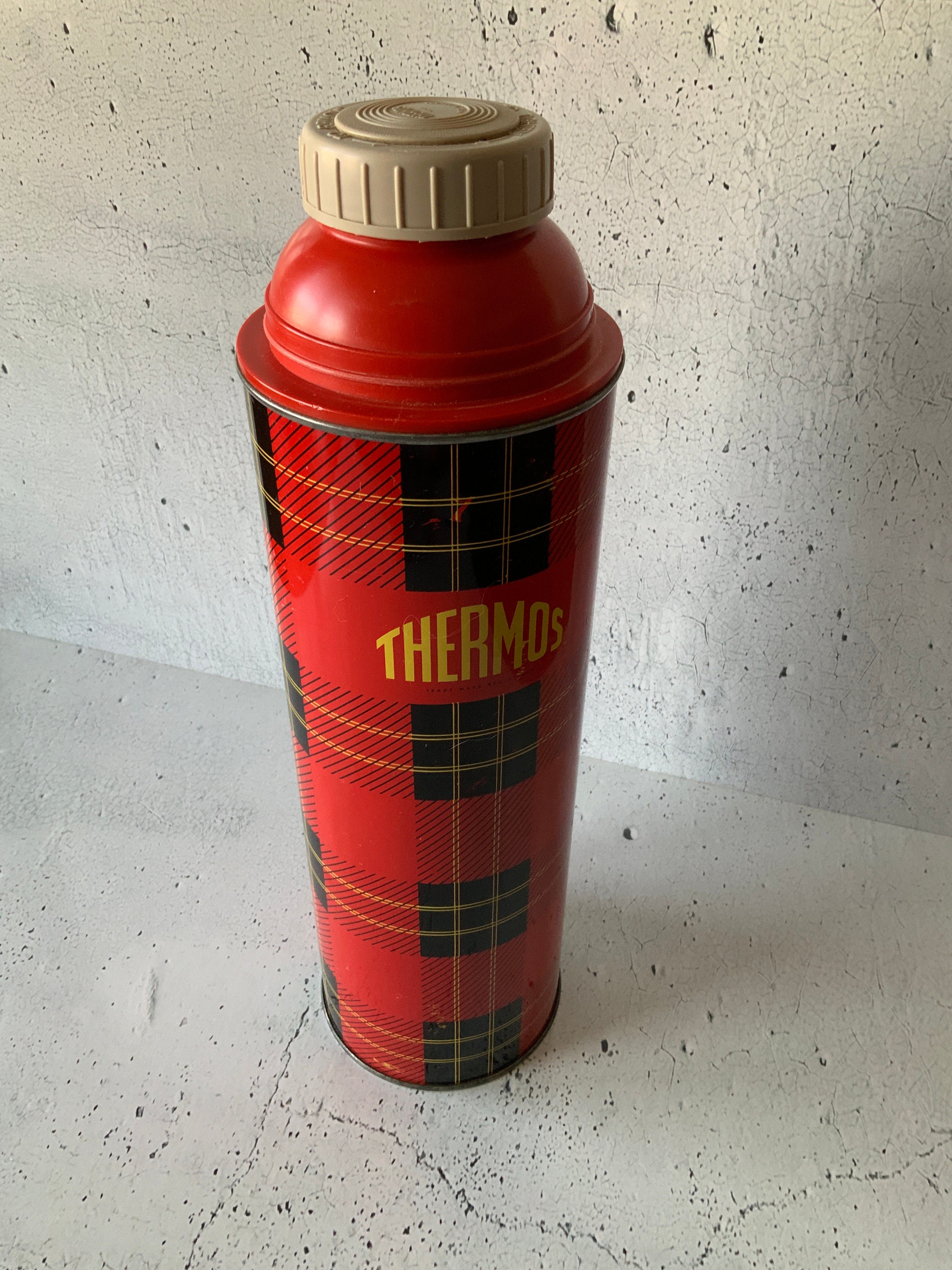 Vintage Green Plaid Quart Sized Thermos