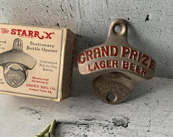 Abridor de botellas Grand Prize Lager. En caja original. Artículos de bar vintage. Artículos para bebidas. Starr “X”. Cerveza rara de colección. Stock antiguo nuevo.