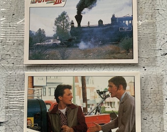 RARE Back to the Future trading cards. DeLorean and Locomotive. Biff Tannen western gang. Marty, George McFly. Kellogg’s scratch card 1985.