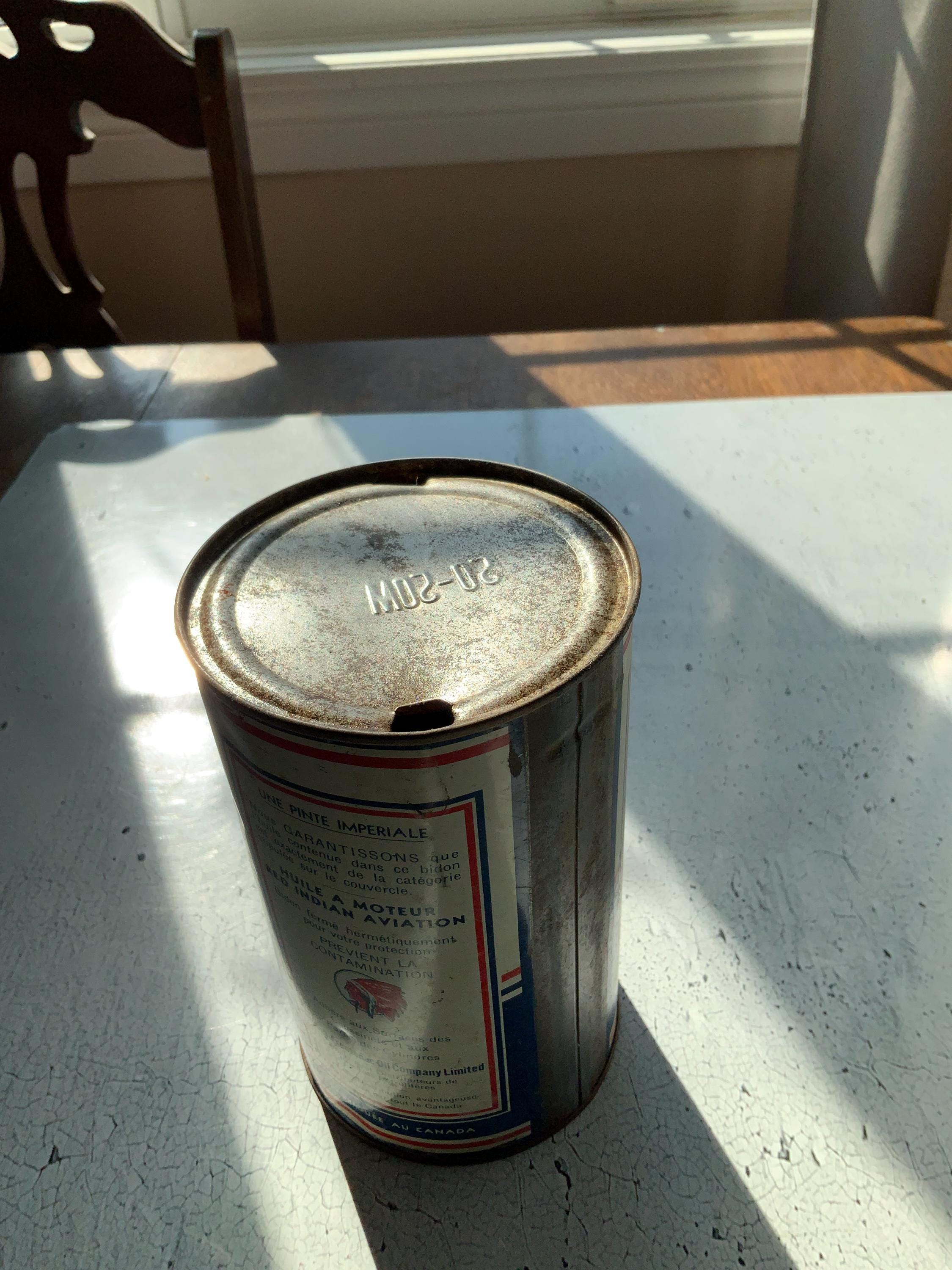 Red Indian Aviation Oil Tin. Mccoll Frontenac Oil Co. Ltd