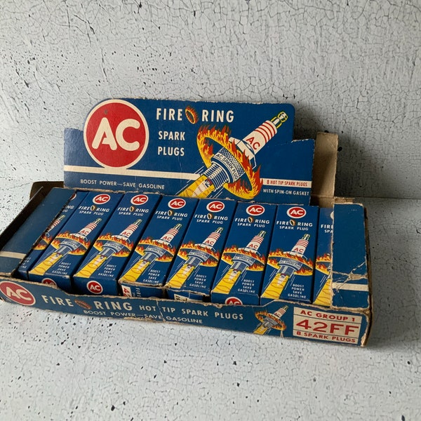 1960 Corvette C1 SparkPlugs AC Delco 42FF Fire Ring for aluminum heads. OEM. In original box. Old car parts. Gas, oil. V8. 283. Brass ring.