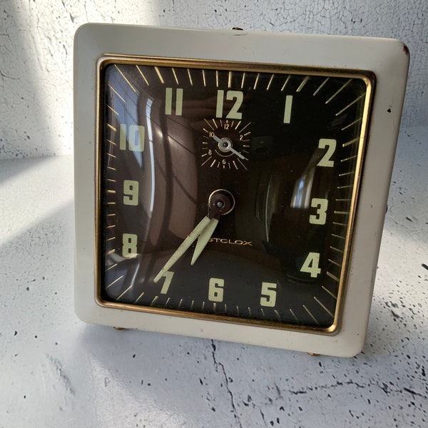 1940’s/50’s Westclox analog alarm clock. Glowing hands. 5” square face.