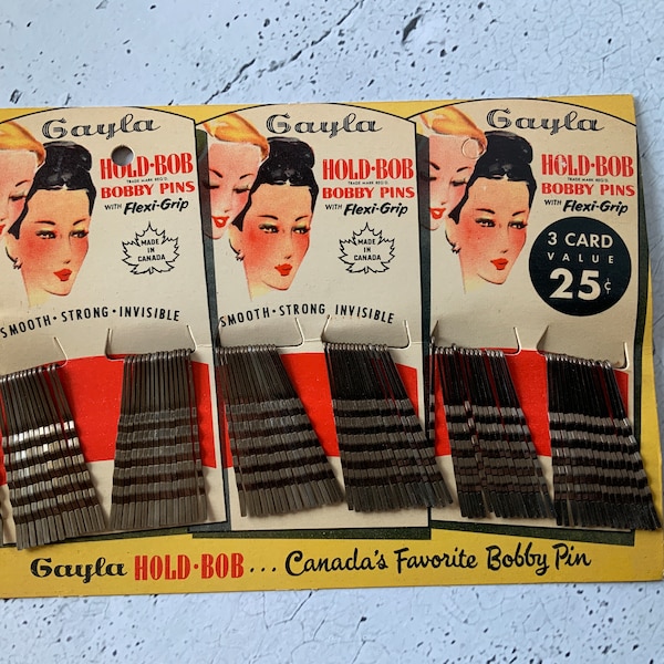 Gayla Bobby Pins. Vintage hair care product. Hair pins. Salon item. Hairstyling. Cosmetology. 1950’s. Flexi-grip. Hold Bob. Made in Canada.