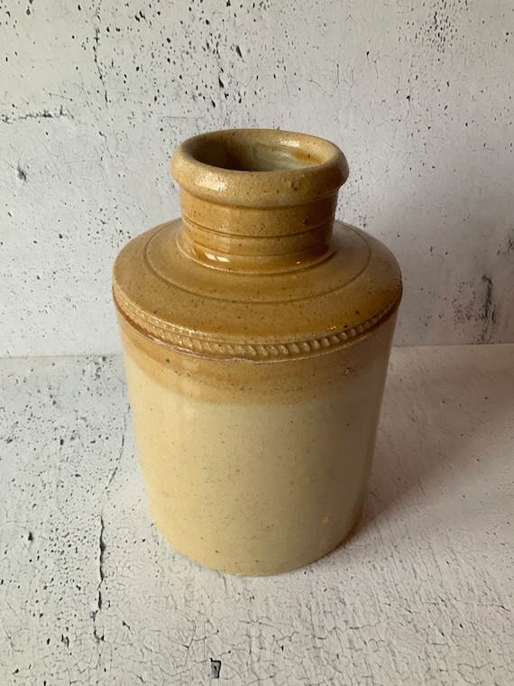 Olla antigua de gres mostaza. Dos tonos. Color mostaza. Olla de vajilla. Vasija de boca pequena. 6 5 8 de alto. Gres esmaltado. Vasija pequena. Etsy Espana