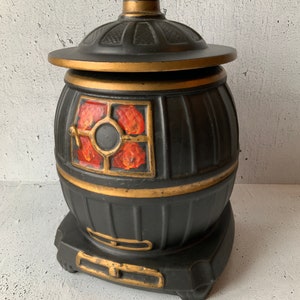 McCoy Potbelly Stove Cookie jar. 1970’s. Vintage porcelain/ceramic. Kitchen wares. Food canister.  10 1/4” tall cookie jar. Stylized.