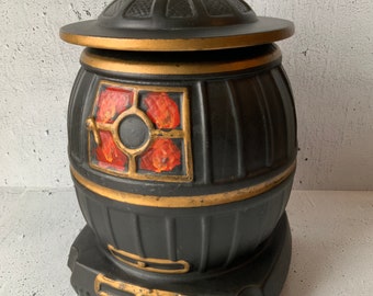 McCoy Potbelly Stove Cookie jar. 1970’s. Vintage porcelain/ceramic. Kitchen wares. Food canister.  10 1/4” tall cookie jar. Stylized.