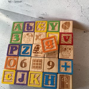May include: Wooden alphabet blocks with colorful letters, numbers, and illustrations of a dog, fish, turtle, and mouse. The blocks are arranged on a light-colored surface, showcasing a classic educational toy.