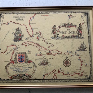 Carte des Antilles. Excellente condition. Compagnies de croisières Royal Caribbean. Carte touristique. Carte en parchemin. Calligraphie. Cartographie. Caracas. Saint-Thomas.