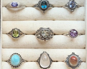 Adjustable Gemstone Silver Rings | Blue Topaz Green Quartz Rose Quartz Tanzanite Peridot Amethyst Andesine | Vintage Jewelry