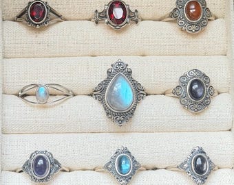 925 Sterling Silver Gemstone Ring – Moonstone, Labradorite & Lepidolite | Adjustable Unisex Boho Ring
