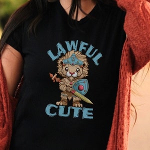 Lawful Cute Tee Shirt, Adorable Lion Knight T-Shirt, Kawaii Zoo Animal Paladin TShirt for DnD Player, Lawful Good DnD Character T Shirt Top